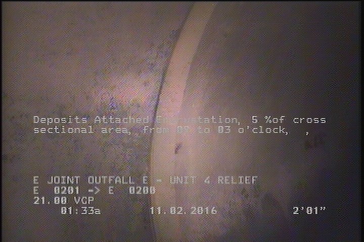 Deposits Attached Encrustation, 5 %of cross sectional area, from 09 to 03 o'clock, , within 8 inches of joint: YES, Start