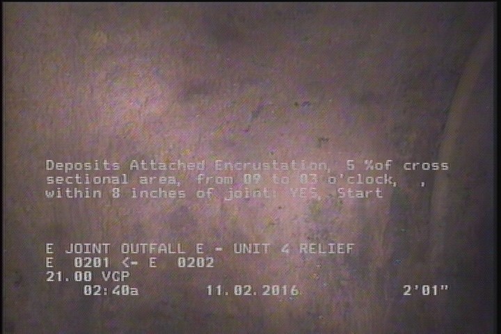 Deposits Attached Encrustation, 5 %of cross sectional area, from 09 to 03 o'clock, , within 8 inches of joint: YES, Start
