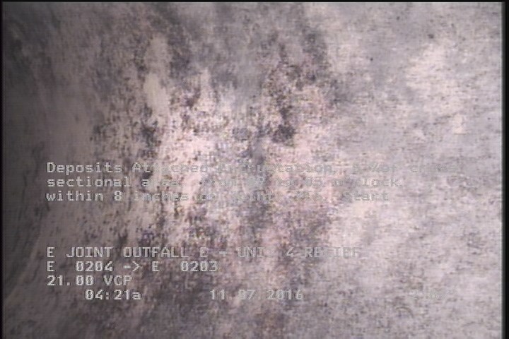 Deposits Attached Encrustation, 5 %of cross sectional area, from 09 to 03 o'clock, , within 8 inches of joint: YES, Start