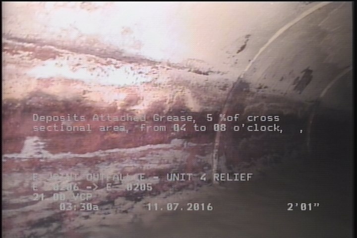 Deposits Attached Grease, 5 %of cross sectional area, from 04 to 08 o'clock, , within 8 inches of joint: YES, Start