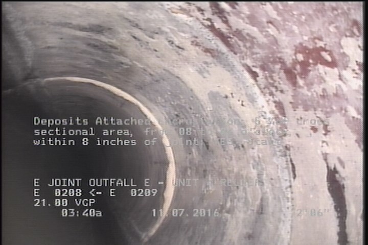 Deposits Attached Encrustation, 5 %of cross sectional area, from 08 to 04 o'clock, , within 8 inches of joint: YES, Start