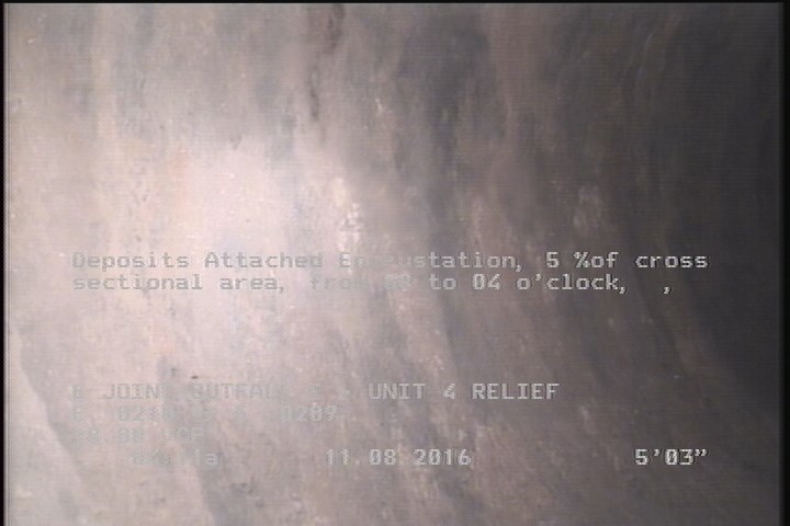 Deposits Attached Encrustation, 5 %of cross sectional area, from 08 to 04 o'clock, , within 8 inches of joint: YES, Start