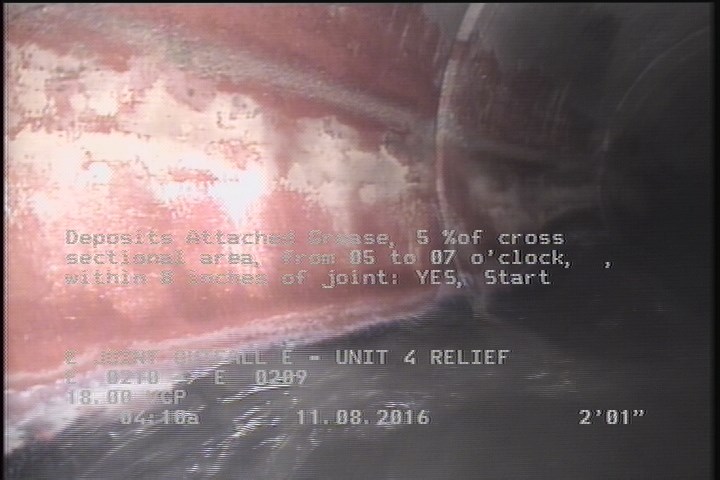 Deposits Attached Grease, 5 %of cross sectional area, from 05 to 07 o'clock, , within 8 inches of joint: YES, Start