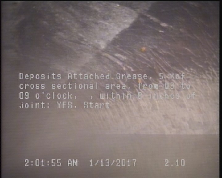 Deposits Attached Grease, 5 %of cross sectional area, from 03 to 09 o'clock, , within 8 inches of joint: YES, Start