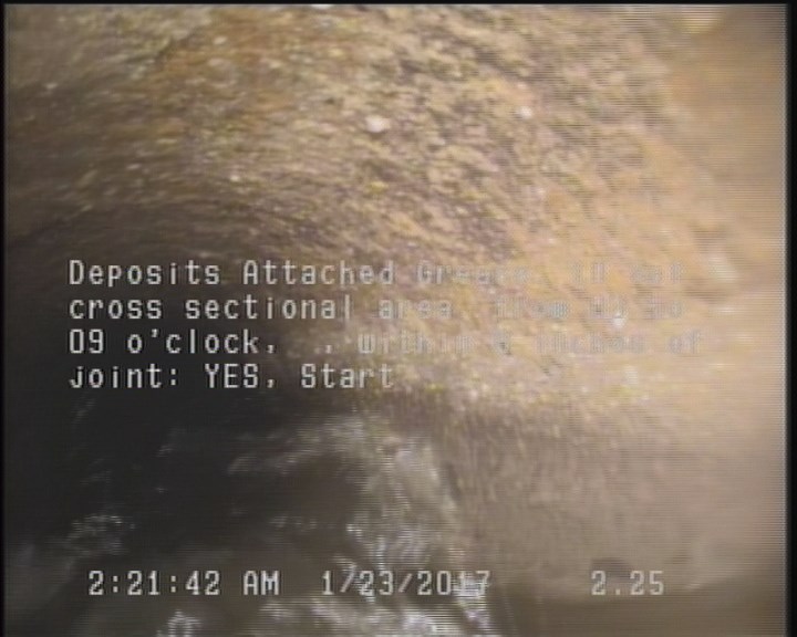 Deposits Attached Grease, 10 %of cross sectional area, from 03 to 09 o'clock, , within 8 inches of joint: YES, Start