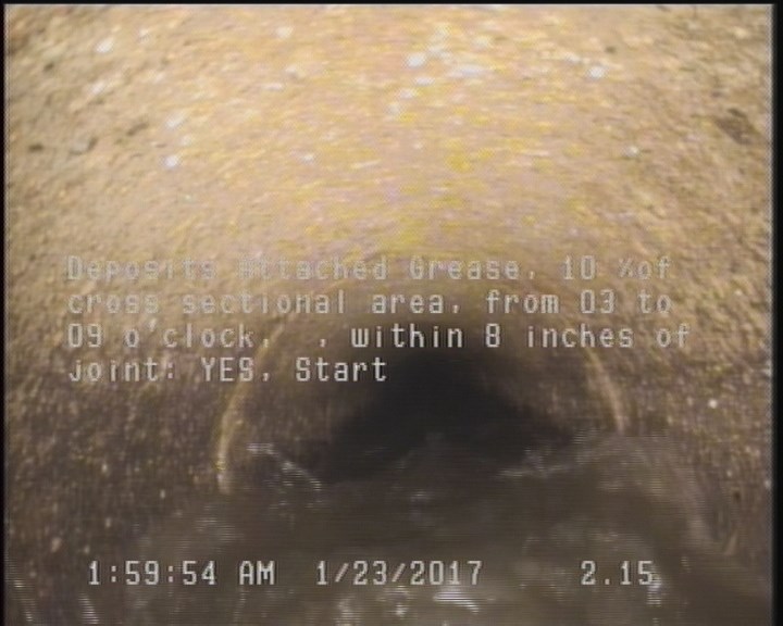 Deposits Attached Grease, 10 %of cross sectional area, from 03 to 09 o'clock, , within 8 inches of joint: YES, Start