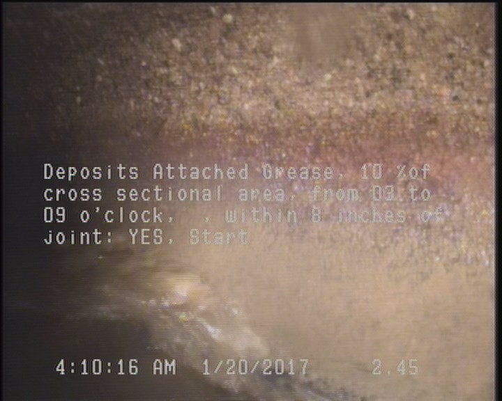 Deposits Attached Grease, 10 %of cross sectional area, from 03 to 09 o'clock, , within 8 inches of joint: YES, Start