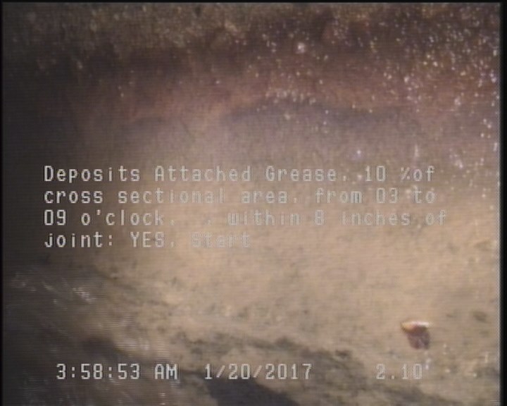 Deposits Attached Grease, 10 %of cross sectional area, from 03 to 09 o'clock, , within 8 inches of joint: YES, Start