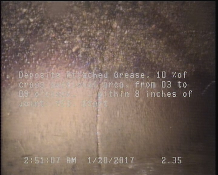 Deposits Attached Grease, 10 %of cross sectional area, from 03 to 09 o'clock, , within 8 inches of joint: YES, Start