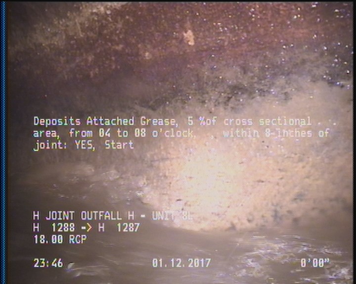 Deposits Attached Grease, 5 %of cross sectional area, from 04 to 08 o'clock, , within 8 inches of joint: YES, Start