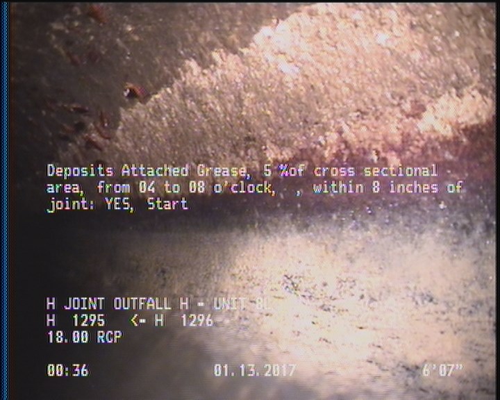 Deposits Attached Grease, 5 %of cross sectional area, from 04 to 08 o'clock, , within 8 inches of joint: YES, Start