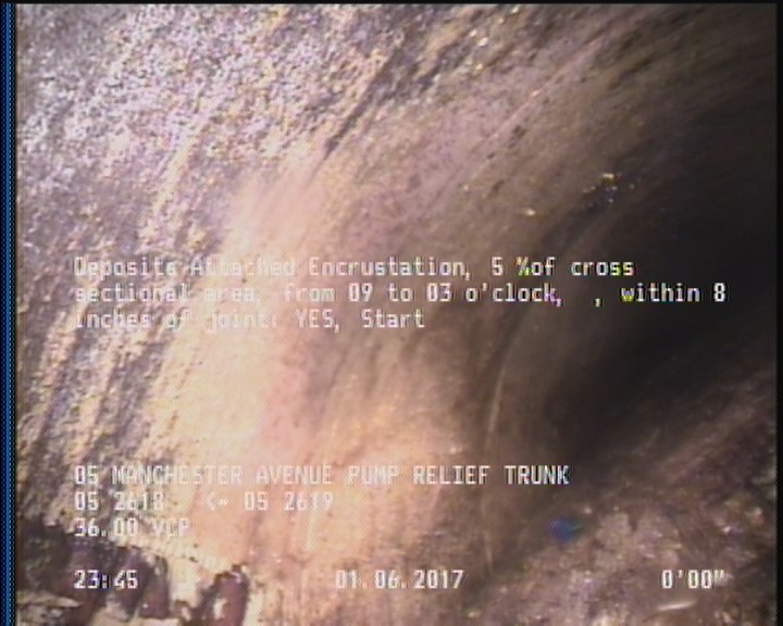 Deposits Attached Encrustation, 5 %of cross sectional area, from 09 to 03 o'clock, , within 8 inches of joint: YES, Start