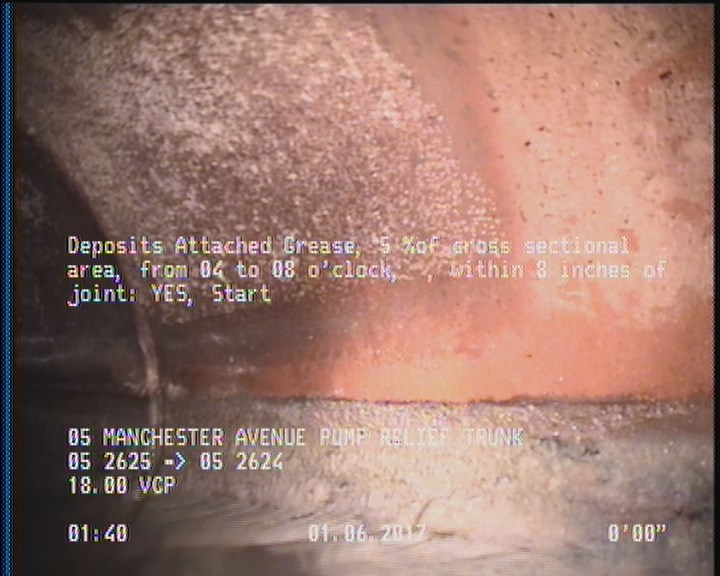 Deposits Attached Grease, 5 %of cross sectional area, from 04 to 08 o'clock, , within 8 inches of joint: YES, Start