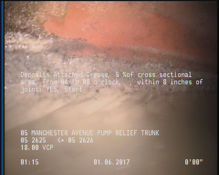 Deposits Attached Grease, 5 %of cross sectional area, from 04 to 08 o'clock, , within 8 inches of joint: YES, Start