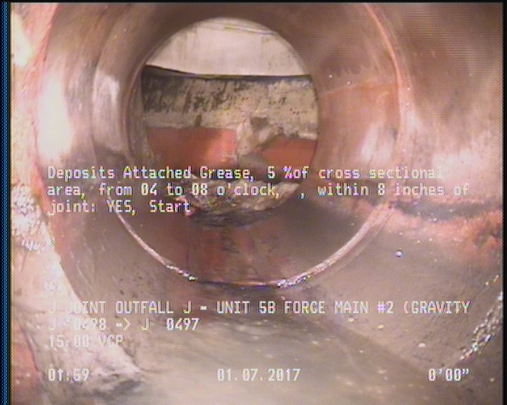 Deposits Attached Grease, 5 %of cross sectional area, from 04 to 08 o'clock, , within 8 inches of joint: YES, Start