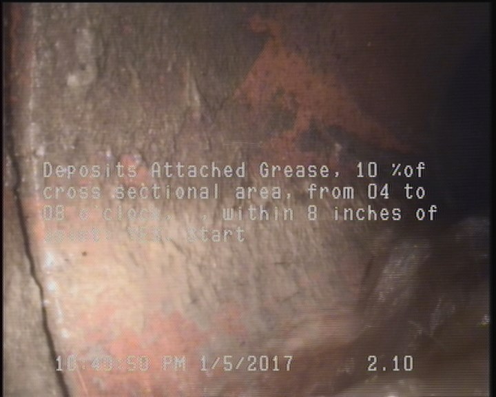 Deposits Attached Grease, 10 %of cross sectional area, from 04 to 08 o'clock, , within 8 inches of joint: YES, Start