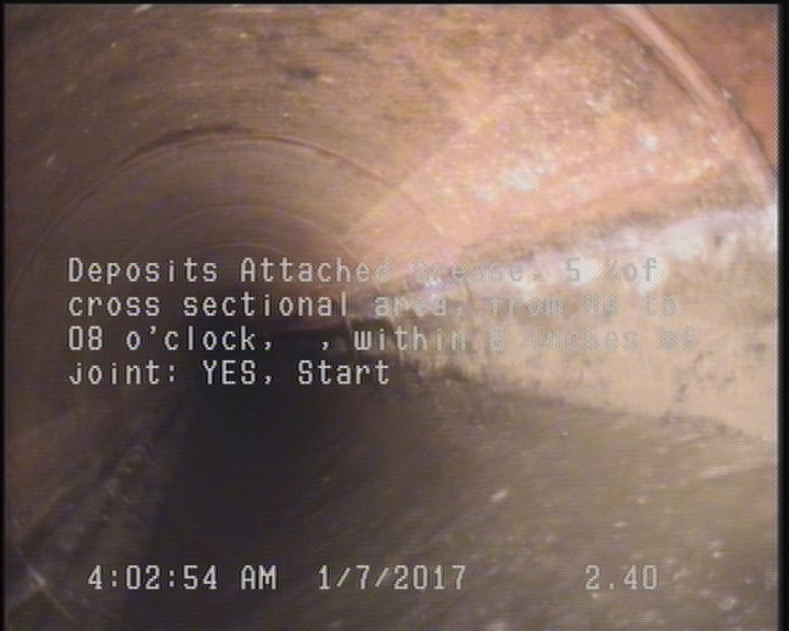 Deposits Attached Grease, 5 %of cross sectional area, from 04 to 08 o'clock, , within 8 inches of joint: YES, Start