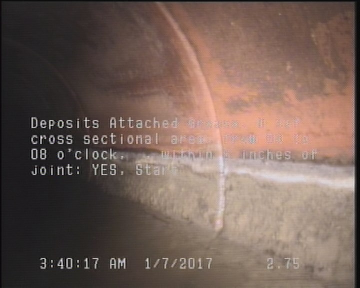 Deposits Attached Grease, 5 %of cross sectional area, from 04 to 08 o'clock, , within 8 inches of joint: YES, Start
