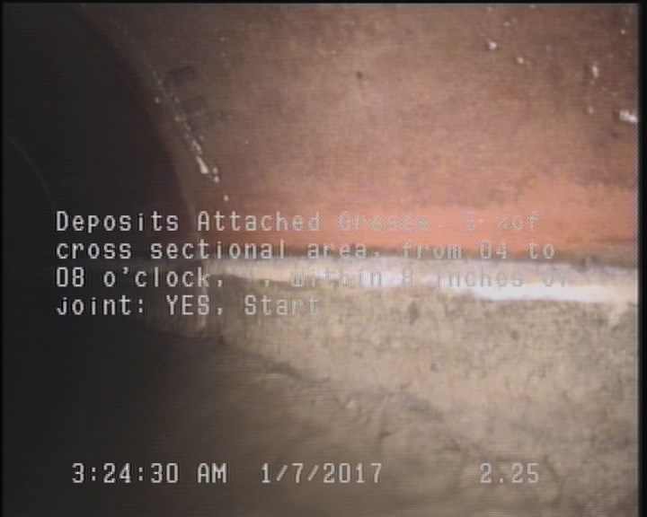 Deposits Attached Grease, 5 %of cross sectional area, from 04 to 08 o'clock, , within 8 inches of joint: YES, Start