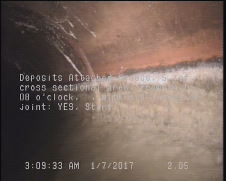 Deposits Attached Grease, 5 %of cross sectional area, from 04 to 08 o'clock, , within 8 inches of joint: YES, Start