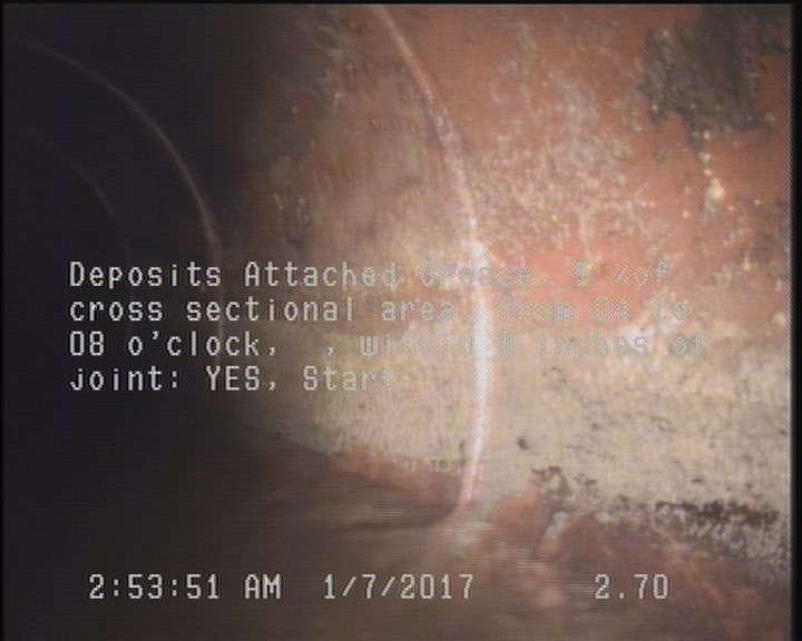 Deposits Attached Grease, 5 %of cross sectional area, from 04 to 08 o'clock, , within 8 inches of joint: YES, Start