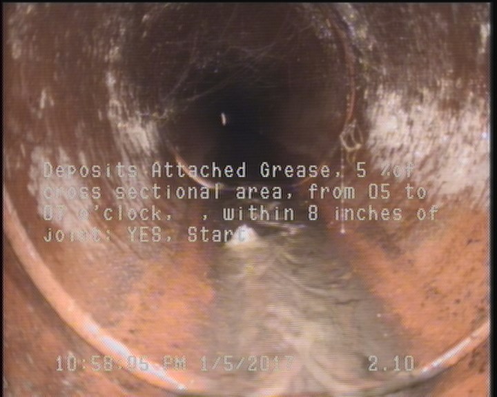 Deposits Attached Grease, 5 %of cross sectional area, from 05 to 07 o'clock, , within 8 inches of joint: YES, Start