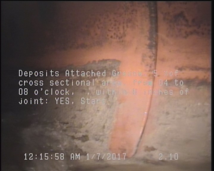 Deposits Attached Grease, 5 %of cross sectional area, from 04 to 08 o'clock, , within 8 inches of joint: YES, Start