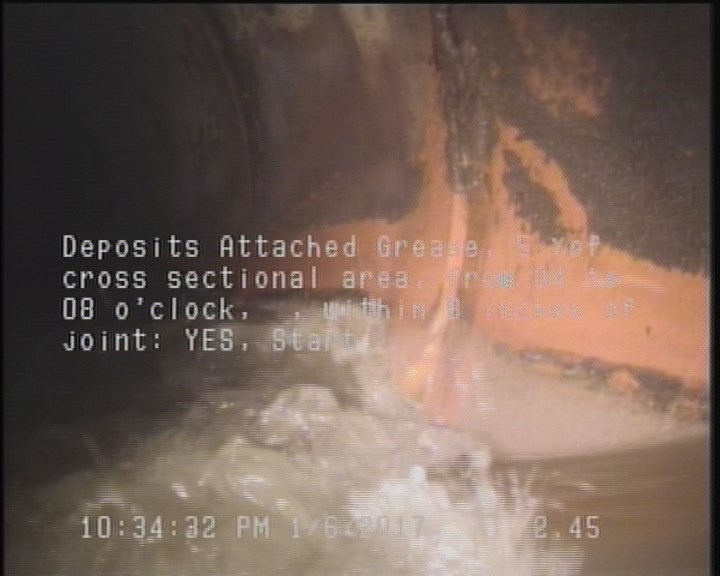 Deposits Attached Grease, 5 %of cross sectional area, from 04 to 08 o'clock, , within 8 inches of joint: YES, Start