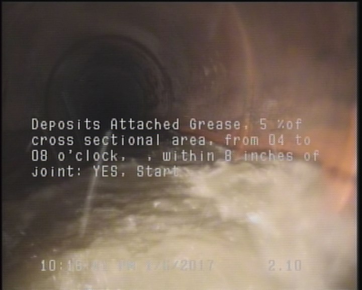 Deposits Attached Grease, 5 %of cross sectional area, from 04 to 08 o'clock, , within 8 inches of joint: YES, Start
