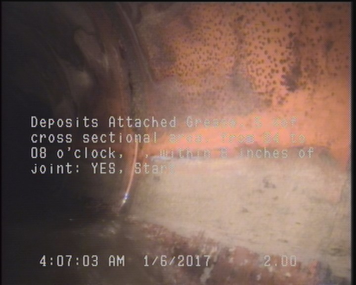 Deposits Attached Grease, 5 %of cross sectional area, from 04 to 08 o'clock, , within 8 inches of joint: YES, Start