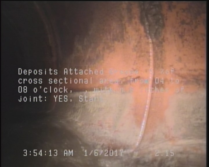 Deposits Attached Grease, 5 %of cross sectional area, from 04 to 08 o'clock, , within 8 inches of joint: YES, Start