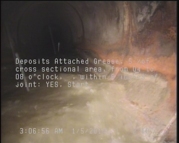 Deposits Attached Grease, 5 %of cross sectional area, from 04 to 08 o'clock, , within 8 inches of joint: YES, Start