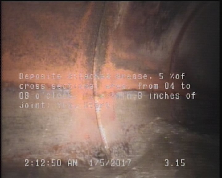 Deposits Attached Grease, 5 %of cross sectional area, from 04 to 08 o'clock, , within 8 inches of joint: YES, Start