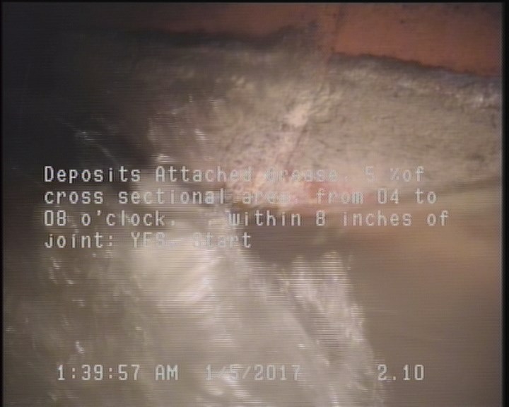 Deposits Attached Grease, 5 %of cross sectional area, from 04 to 08 o'clock, , within 8 inches of joint: YES, Start