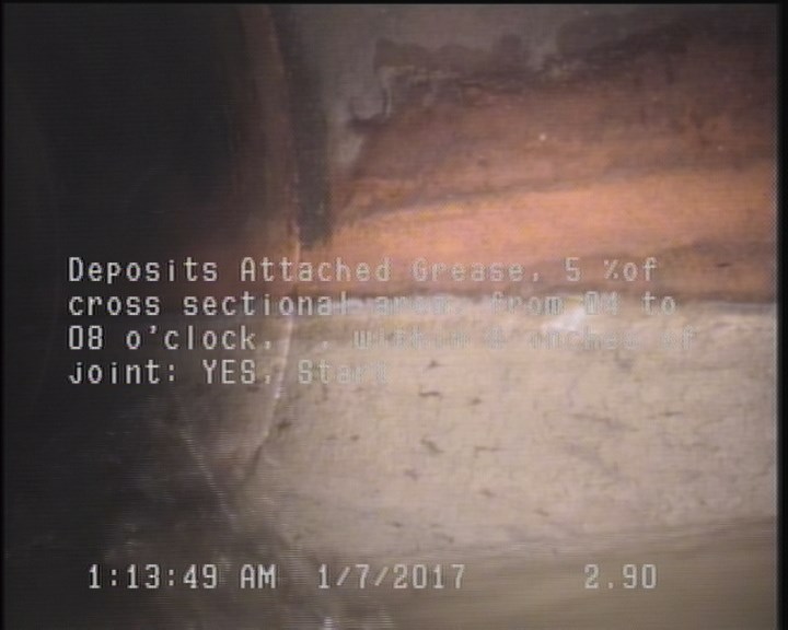 Deposits Attached Grease, 5 %of cross sectional area, from 04 to 08 o'clock, , within 8 inches of joint: YES, Start