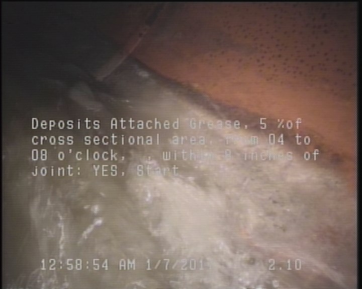 Deposits Attached Grease, 5 %of cross sectional area, from 04 to 08 o'clock, , within 8 inches of joint: YES, Start
