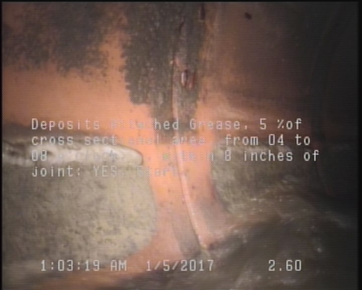 Deposits Attached Grease, 5 %of cross sectional area, from 04 to 08 o'clock, , within 8 inches of joint: YES, Start