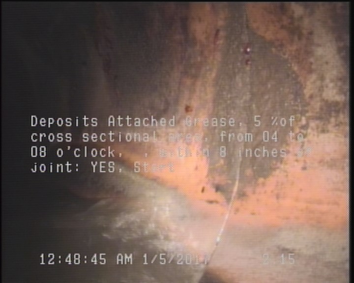 Deposits Attached Grease, 5 %of cross sectional area, from 04 to 08 o'clock, , within 8 inches of joint: YES, Start
