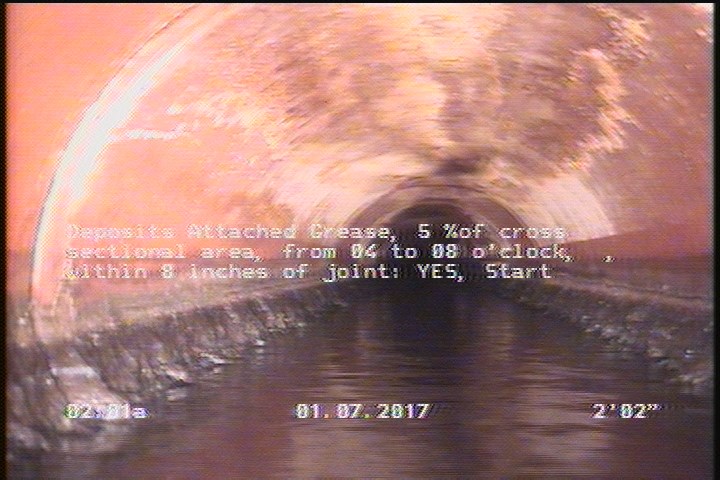 Deposits Attached Grease, 5 %of cross sectional area, from 04 to 08 o'clock, , within 8 inches of joint: YES, Start