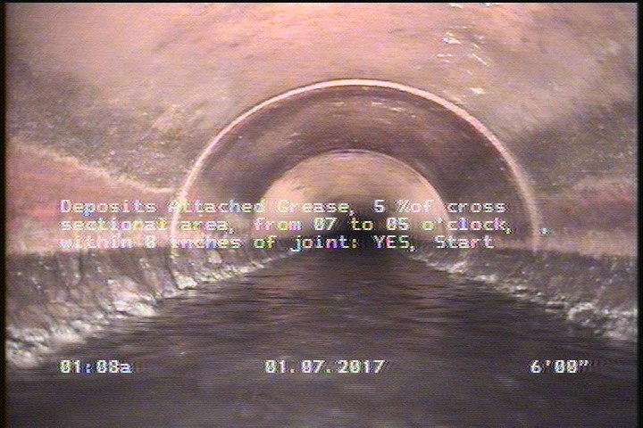 Deposits Attached Grease, 5 %of cross sectional area, from 07 to 05 o'clock, , within 8 inches of joint: YES, Start
