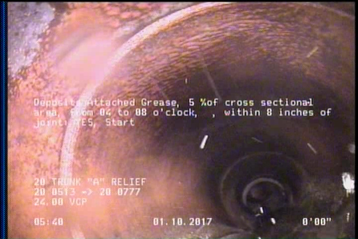 Deposits Attached Grease, 5 %of cross sectional area, from 04 to 08 o'clock, , within 8 inches of joint: YES, Start