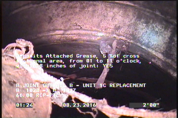 Deposits Attached Grease, 5 %of cross sectional area, from 01 to 11 o'clock, , within 8 inches of joint: YES