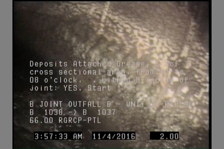Deposits Attached Grease, 5 %of cross sectional area, from 04 to 08 o'clock, , within 8 inches of joint: YES, Start