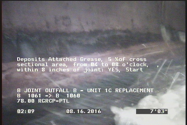 Deposits Attached Grease, 5 %of cross sectional area, from 04 to 08 o'clock, , within 8 inches of joint: YES, Start