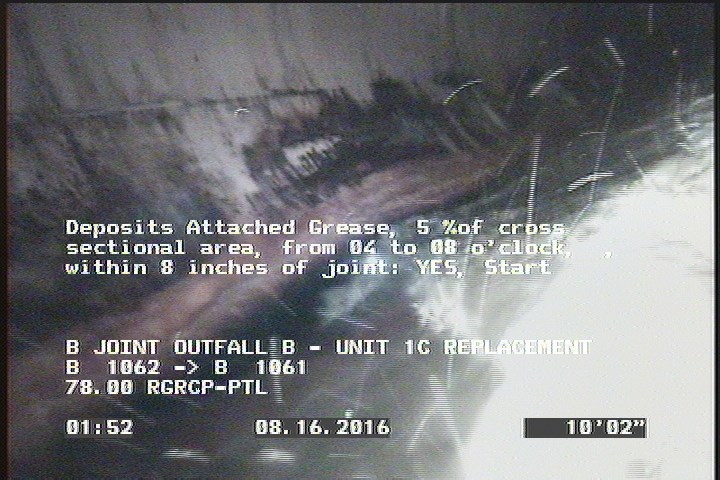 Deposits Attached Grease, 5 %of cross sectional area, from 04 to 08 o'clock, , within 8 inches of joint: YES, Start