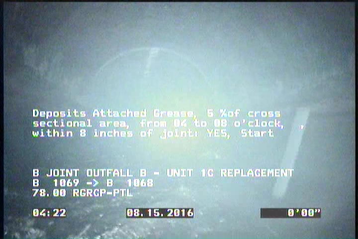 Deposits Attached Grease, 5 %of cross sectional area, from 04 to 08 o'clock, , within 8 inches of joint: YES, Start