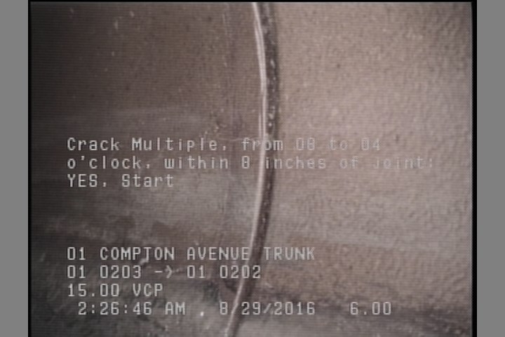 Crack Multiple, from 08 to 04 o'clock, within 8 inches of joint: YES, Start