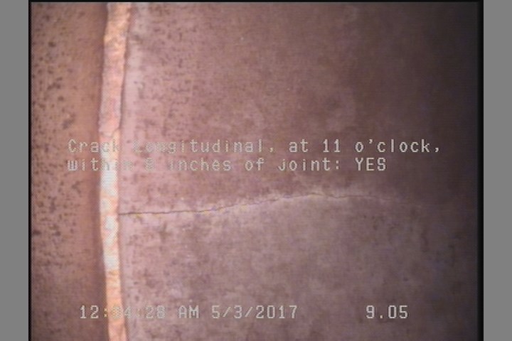 Crack Longitudinal, at 11 o'clock, within 8 inches of joint: YES