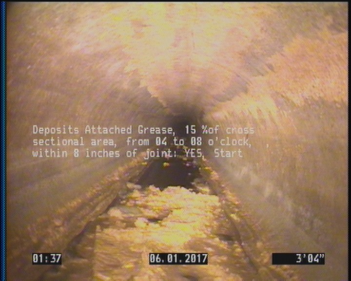 Deposits Attached Grease, 15 %of cross sectional area, from 04 to 08 o'clock, , within 8 inches of joint: YES, Start