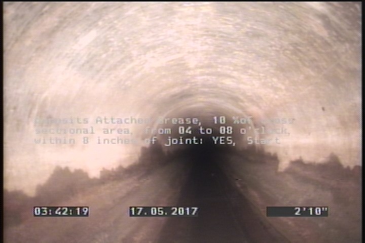 Deposits Attached Grease, 10 %of cross sectional area, from 04 to 08 o'clock, , within 8 inches of joint: YES, Start